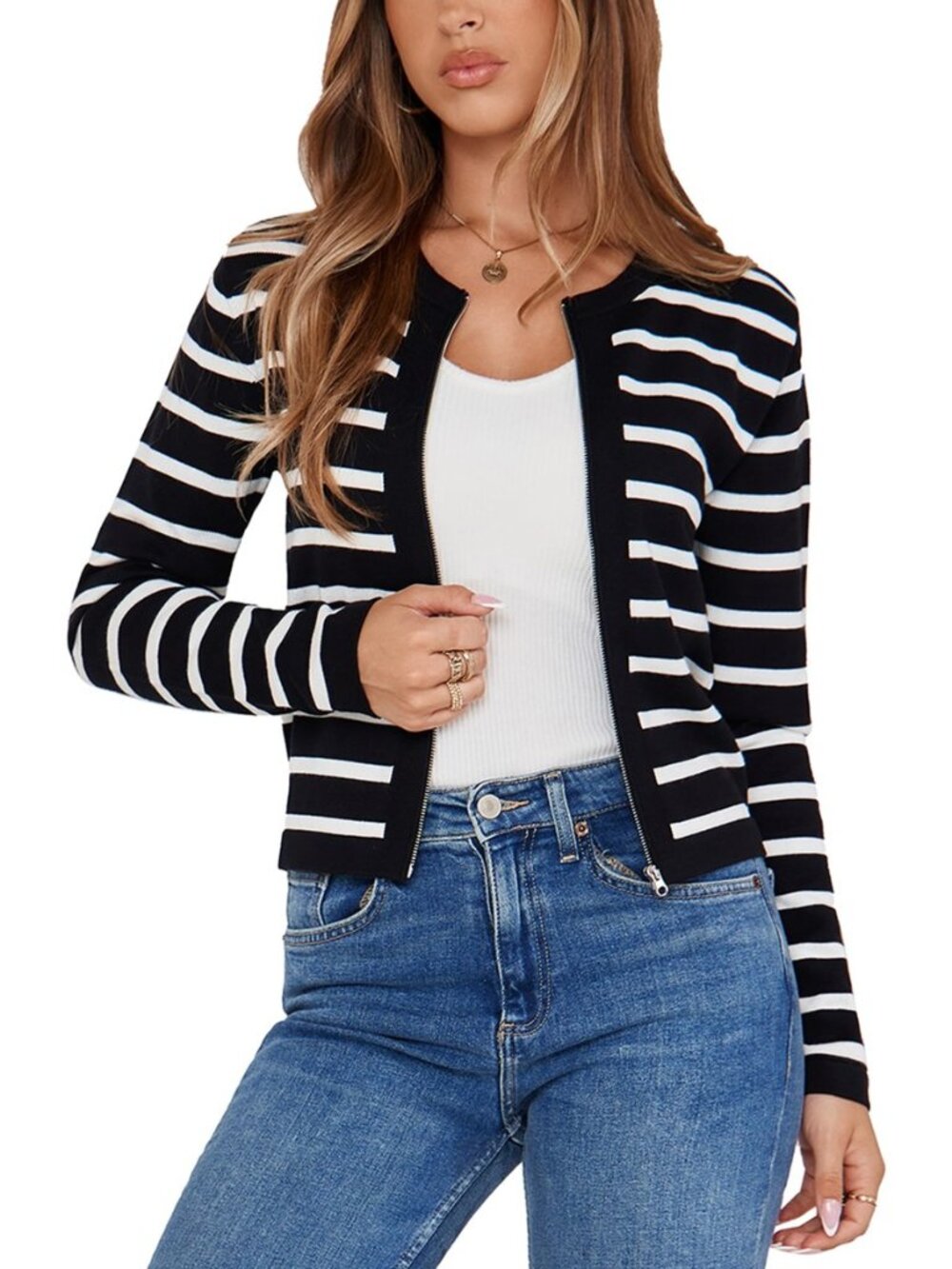 Womens Long Sleeve Knitted Zip Up Cardigan Sweaters Cropped Jacket